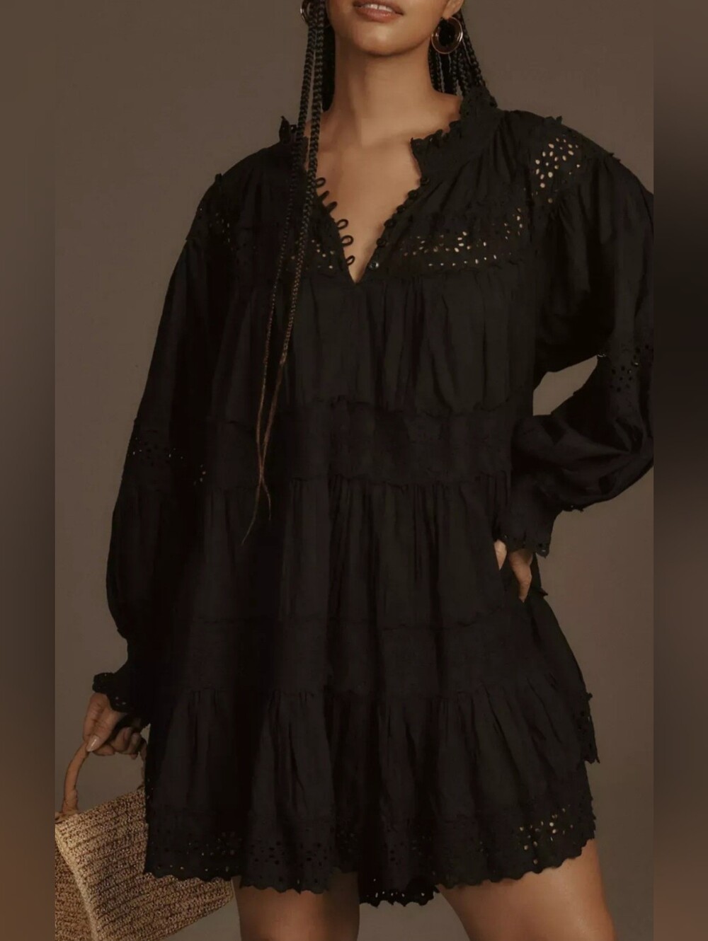 Anthropologie /Maeve Black Eyelet Tiered Mini Dress with Long Sleeves    Size XL - Picture 2 of 15